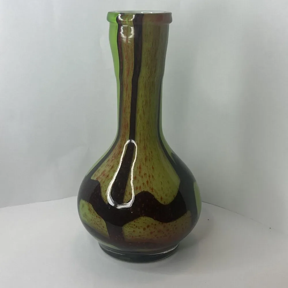 MCM Vtg Green Red Hand Blown Murano Vase 11 Inches